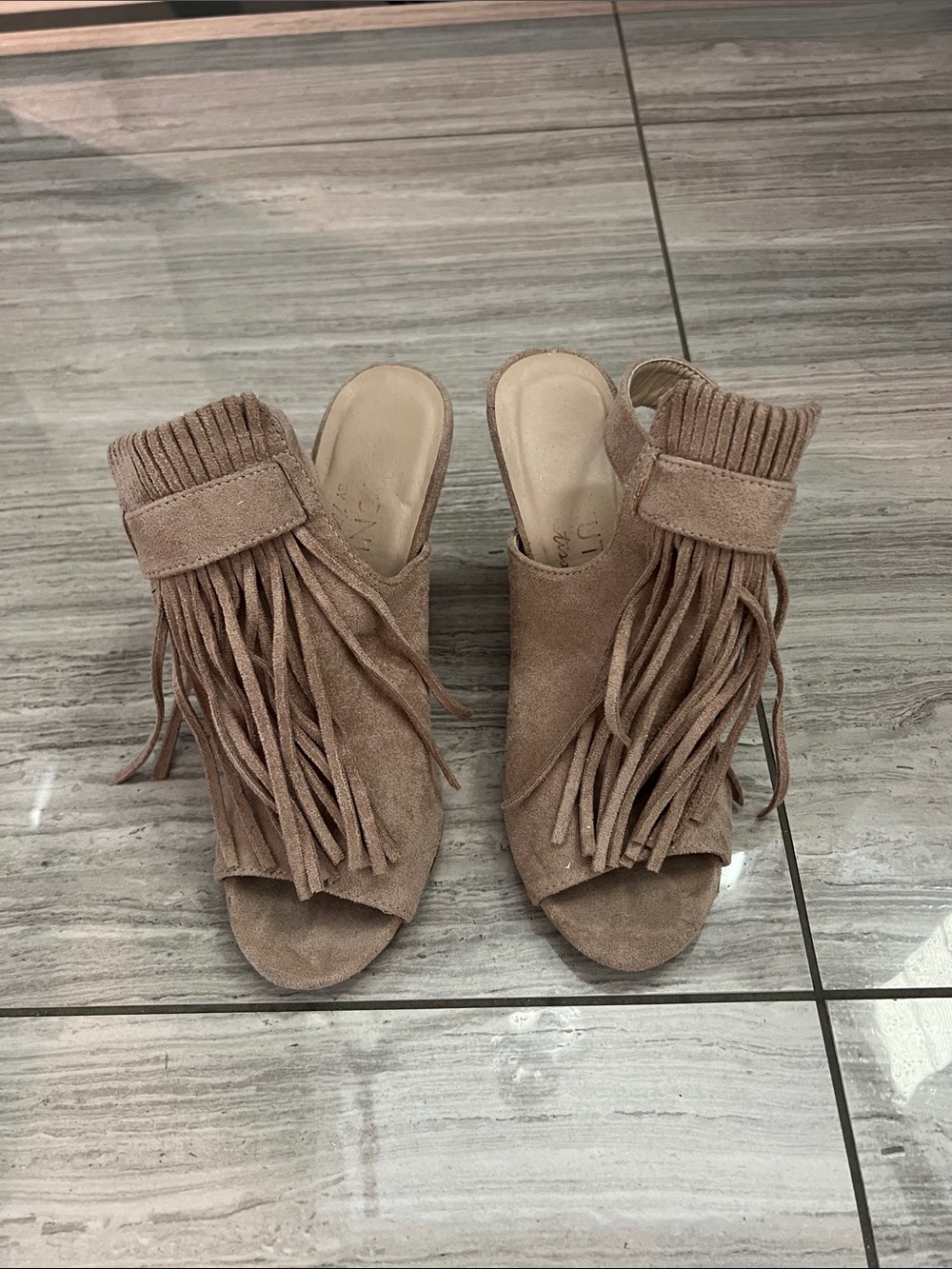 Coconuts by Matisse Taupe Fringed Suede Open-Toe Mules